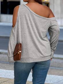 EMERY ROSE Sweatshirt Longgar Lengan Panjang Kerah Asimetris Warna Polos Minimalis Kasual Ukuran Besar untuk Wanita, Cocok untuk Musim Semi/Gugur Musim Dingin - Grey - View 2