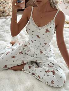 CottageSlumber 2 件套女士浪漫花卉蕾丝拼布 V 领吊带背心和长裤睡衣套装 - 杏色 - 查看 4