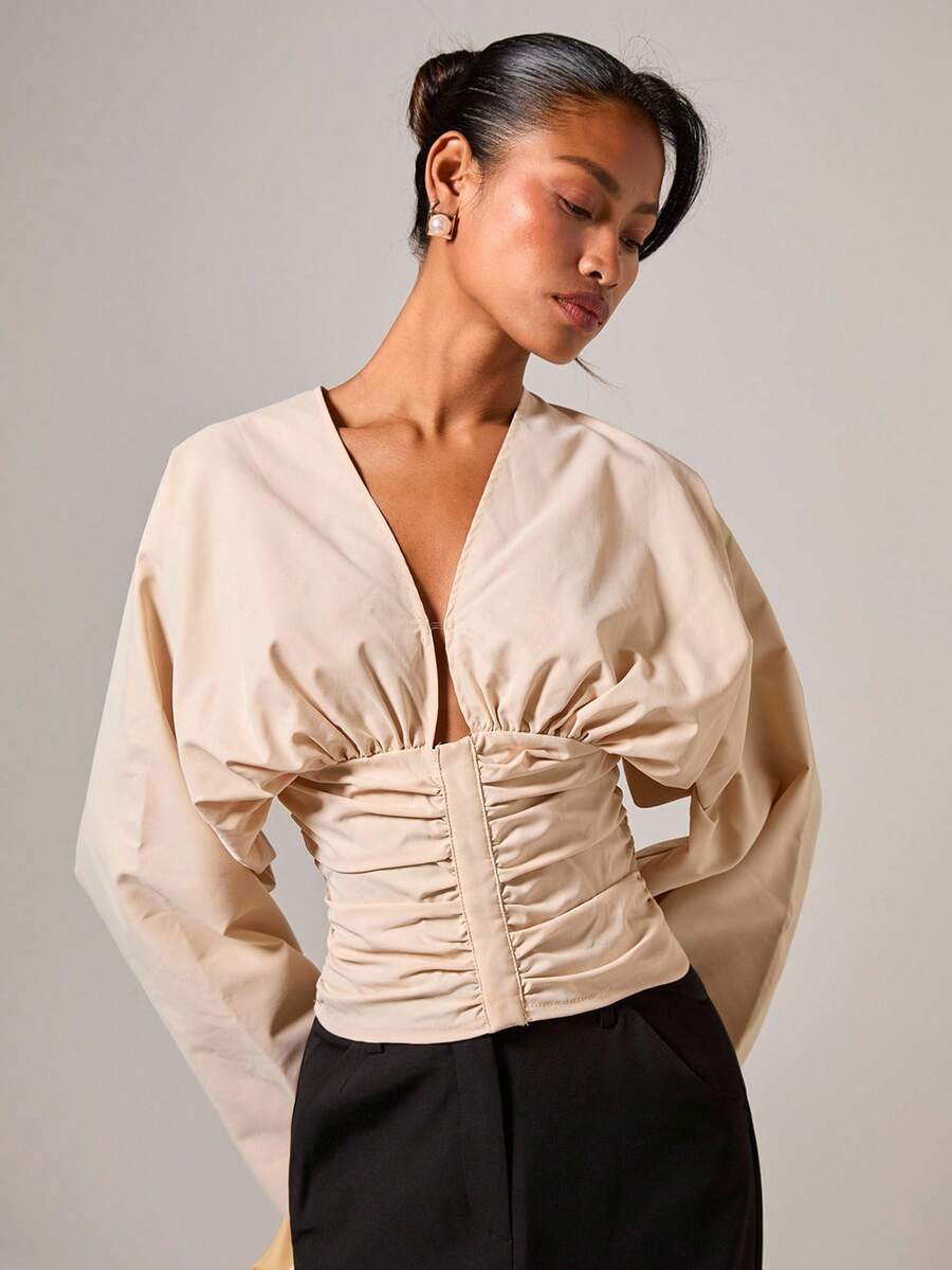 COSMINA 女士优雅深V领褶饰蝙蝠袖上衣，初秋 - 卡其色 - 查看 1