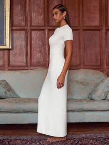Athîral Damen Lässig einfarbiges Kurzarm figurbetontes Pulloverkleid, ohne Gürtel, Herbst/Winter - Weiss - Übersicht 6