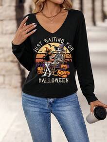 SHEIN LUNE Halloween Skeleton,Ghost,Bat,Candy,Black Cat,Pumpkin Graphic V-Neck Long Sleeve T-Shirt For Women,Casual Streetwear Autumn Tops Occasion Graphic Tees - Black - View 3