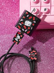 Betty Boop x SHEIN 卡通人物图形数据线保护套 兼容充电器 樱桃印花图案 3件套手机线保护套 充电器保护套（不含数据线） - 黑色 - 查看 2