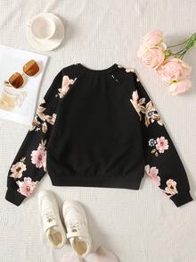 SHEIN 女孩运动街头时尚针织圆领长袖运动衫 - 黑色 - 查看 2