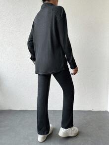 SHEIN Cottnline Cotton Women's Solid Color Rib Knit Two Pieces Set - Dark Grey - View 2