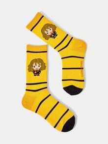 HARRY POTTER X SHEIN 1 双女士舒适条纹卡通图案中筒袜 - 黃色 - 查看 3