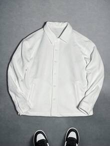 Manfinity EMRG Áo khoác nam tay dài màu trơn, cài nút đơn giản, dáng rộng, cài nút có họa tiết, áo sơ mi dệt kim, áo sơ mi có cổ, áo sơ mi dài tay, áo sơ mi trắng cài nút, áo sơ mi trắng - trắng - Xem 1