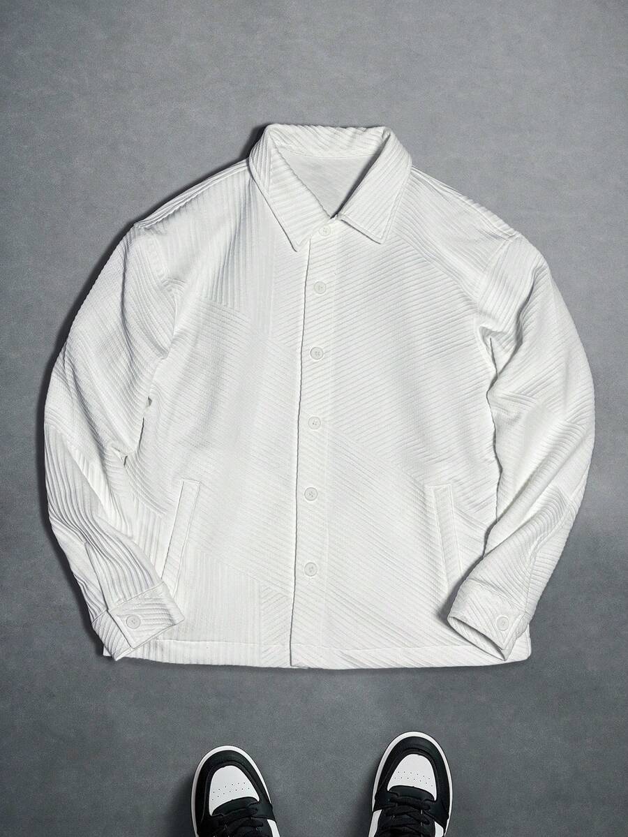 Manfinity EMRG Áo khoác nam tay dài màu trơn, cài nút đơn giản, dáng rộng, cài nút có họa tiết, áo sơ mi dệt kim, áo sơ mi có cổ, áo sơ mi dài tay, áo sơ mi trắng cài nút, áo sơ mi trắng - trắng - Xem 1