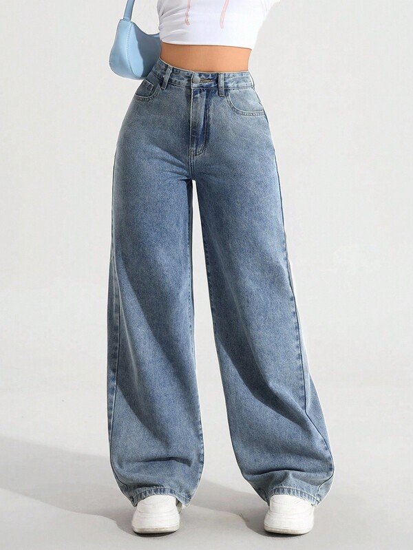 SHEIN ICON Plus Size Women Elastic Waist Vintage Light Blue Straight Leg Jeans