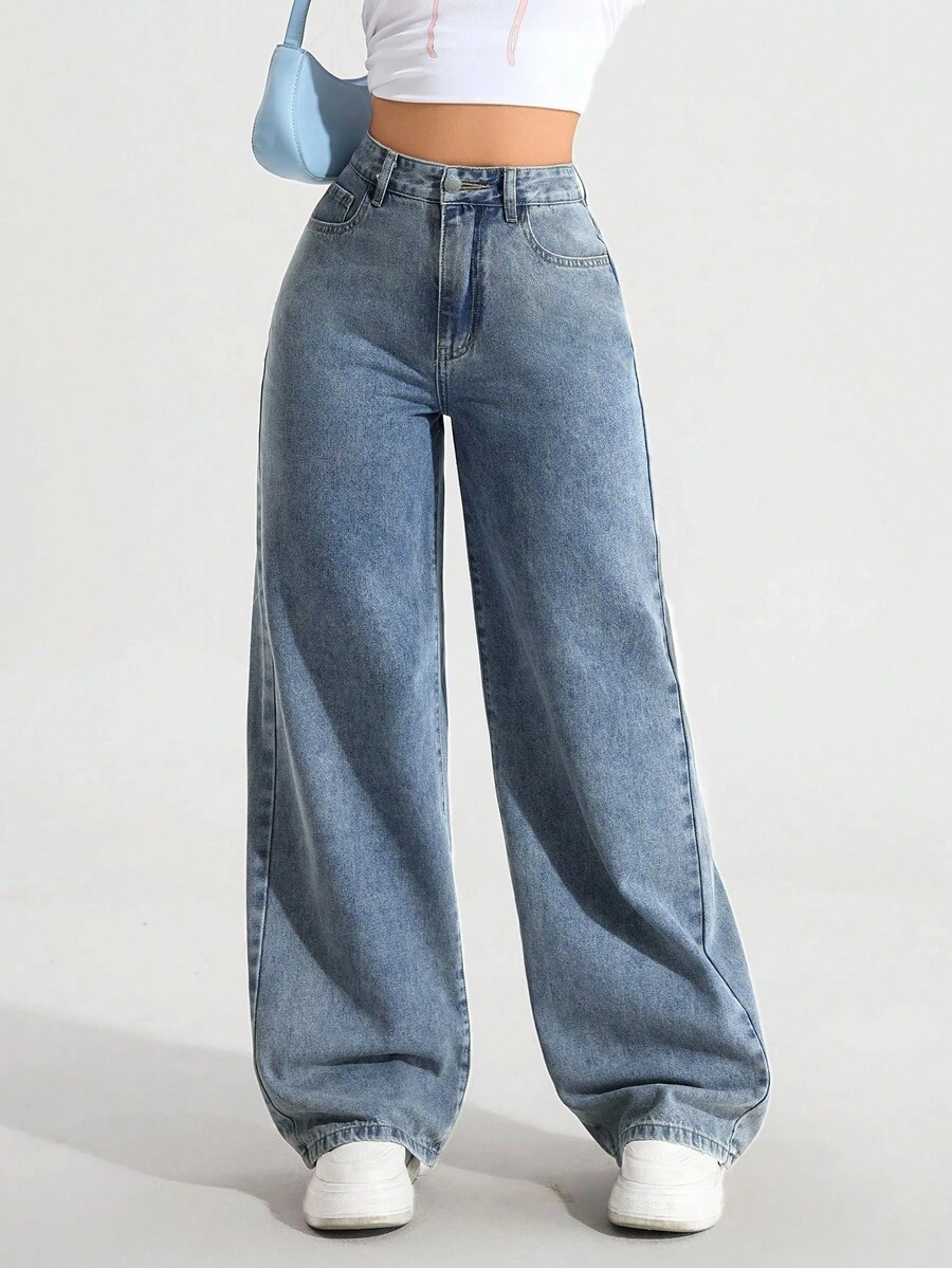 SHEIN ICON Quần jean ống đứng cạp chun màu xanh nhạt cổ điển cho nữ cỡ lớn - Rửa nhẹ - Xem 1