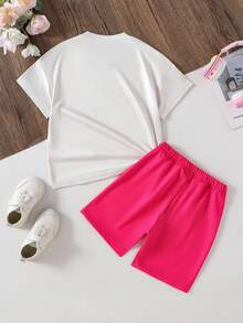 Explorewe Young Girl Summer Casual Floral & Letter Print T-Shirt And Shorts Set - White - View 2