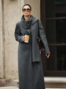 Siren Gaze 女式两件套休闲日常缺角领长款混纺外套，秋冬新款防风保暖灰色多用途超长款翻领灰色外套、外套和围巾套装 - 灰色 - 查看 4