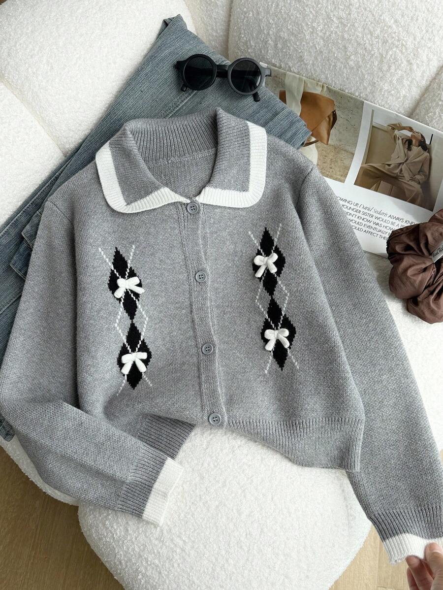 Genkimix Kids 少女菱形花纹蝴蝶结装饰长袖单排扣针织开衫，秋季