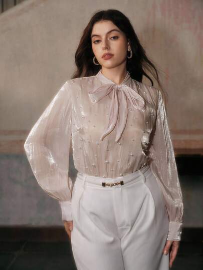 Anewsta Plus Size Elegant Niche Ribbon Bow Lantern Sleeve Pearl Decor Shirt