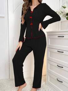 Women's Casual Bow Decor Pajama Set, Fall Winter Clothes - Black - View 4