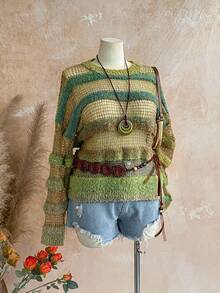 Soleia Frauen Große Größen Farbverlauf gestreifter Pullover mit Ausschnitten, Rundhalsausschnitt, Langarm, Herbst Winter Kleidung für Frauen - Verschiedenfarbig - Übersicht 5