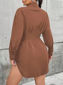 Vionelle Plus Size Women's Waist-Cinching Long Shirt Fall Cloth For Women - Coffee Brown - View 2