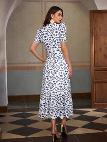 ZEYLAH Cotton Short Sleeve Vacation Embroidered Long Dress - Blue - View 3