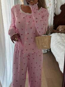 CottageSlumber 2pcs Bow & Lace Trim Decor Round Neck Top & Pants Pajama Set, Fall Clothes Women Pajama Set Pink Pajama Set Cherry Pajama Set Bow Pajama Set Vintage Pajama Set  Cozy And Elegant Details