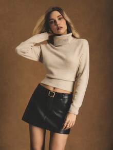 Poéselle 女士纯色高领插肩袖短款针织上衣，百搭 - 杏色 - 查看 1