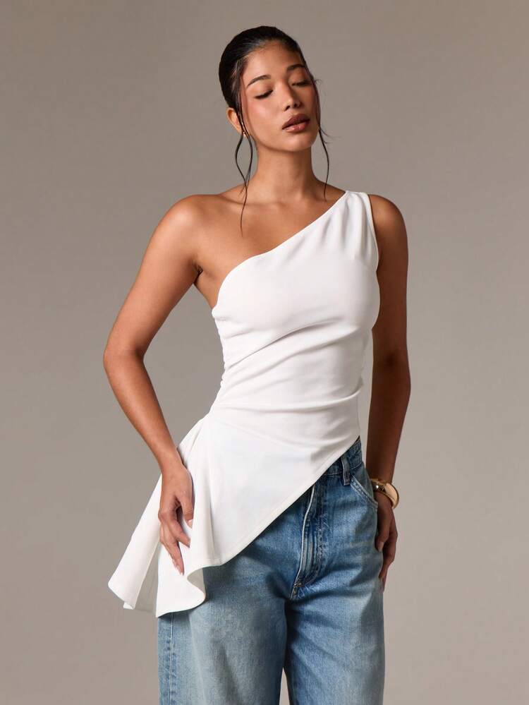 One Shoulder Peplum Top With Ruched Waist Design