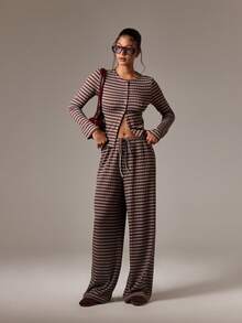 AiiRZ Striped Button Front Crop Top And Wide Leg Palazzo Pants Co-Ord Set With Drawstring Waist - Fall Winter Lounge Set - Multicolor - View 2