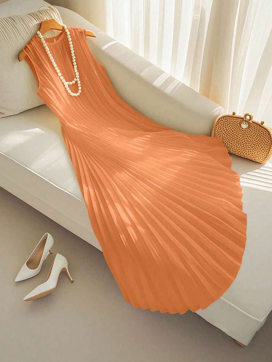 Qadelle Women Elegant Pleated Orange Dress, Perfect For Commute, Holiday, Date - Orange - View 1