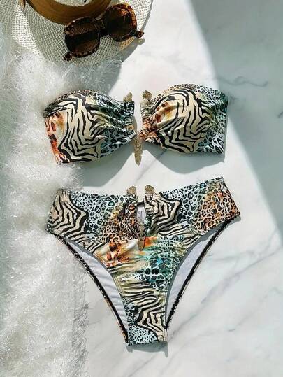 SHEIN Sexy Ombre Leopard Print Gold Color Accessories Two-Piece Bandeau Bikini Set, Summer Vacation