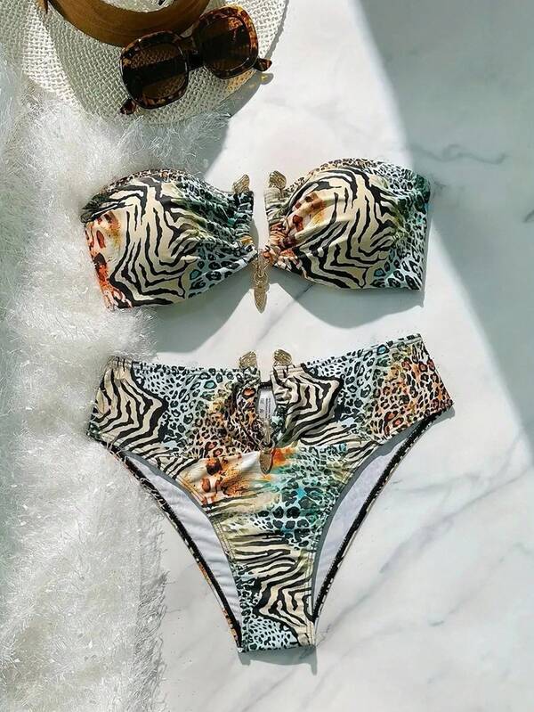 SHEIN Sexy Ombre Leopard Print Gold Color Accessories Two-Piece Bandeau Bikini Set, Summer Vacation