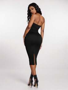 SHEIN SXY Women's Elegant Sequin Floral Patchwork Bodycon Midi Dress, Black & White Color Block, Luxurious For Party, Banquet, Birthday, Date, Formal Occasion Black White Dress Cocktail Dress - Black and White - View 5