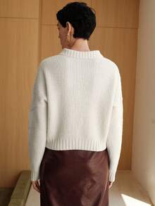 Uhlyne Uhlyne Women's Minimalist Casual Daily Commute Versatile Solid Apricot Pullover Sweater, Elegant Drop Shoulder Long Sleeve Button Collar Loose Wool Knit Top, Autumn/Winter - Apricot - View 4