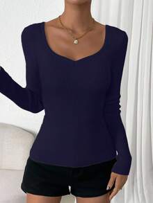 RosyDaze Casual Solid Color Slim Fit Long Sleeve Sweater Fall Winter Cloth For Women - Navy Blue - View 3