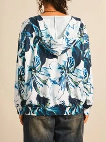 SHEIN LUNE Women White Tropical Floral Print Zip Up Hoodie Loose Fit Plus Size Jacket, Lightweight Casual Autumn Clothes For Holiday Bachelorette Party Winter - Multicolor - View 2