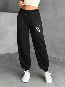 SHEIN Tall 长款心形印花抽绳腰部休闲运动裤 - 黑色 - 查看 6