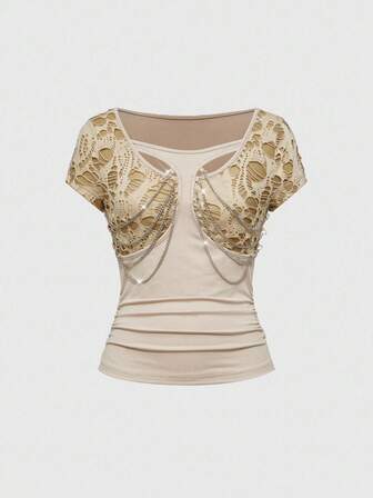 Grunge Punk Maglietta a maniche corte da donna con design plissettato e catena punk in nero