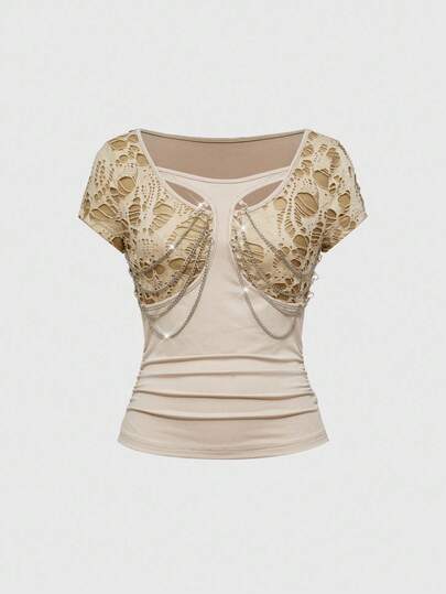 Grunge Punk Maglietta a maniche corte da donna con design plissettato e catena punk in nero