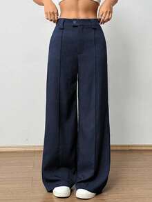 Flirla Quần ống đứng cạp cao màu xám dành cho nữ, thời trang và đa năng khi đi làm - Màu xanh hải quân - Xem 5