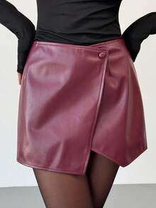 Aloruh Weinrote PU Minikleid für junge, sexy Musikfestivals mit sehr tiefer Taille, Schlitz, Knöpfen und gekreuztem Saum in A-Linie für Frauen