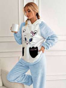 EURMUSE Women's Cartoon Cat Print Hooded Long Sleeve Top And Pant Fleece Pajama Set, Autumn/Winter - Baby Blue - View 3