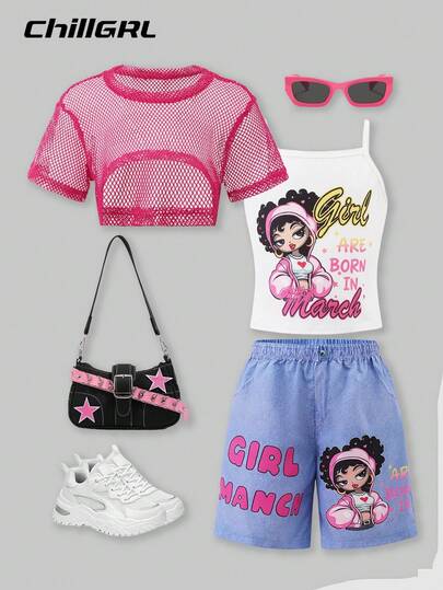 SHEIN Explorewe 3 件套夏季青少年女童休闲宽松网眼短款上衣 + 全身印花吊带背心和短裤套装，非常适合日常、节日、街头服饰、聚会、度假、夏季、旅行 2025 返校季儿童学院装和校园运动装