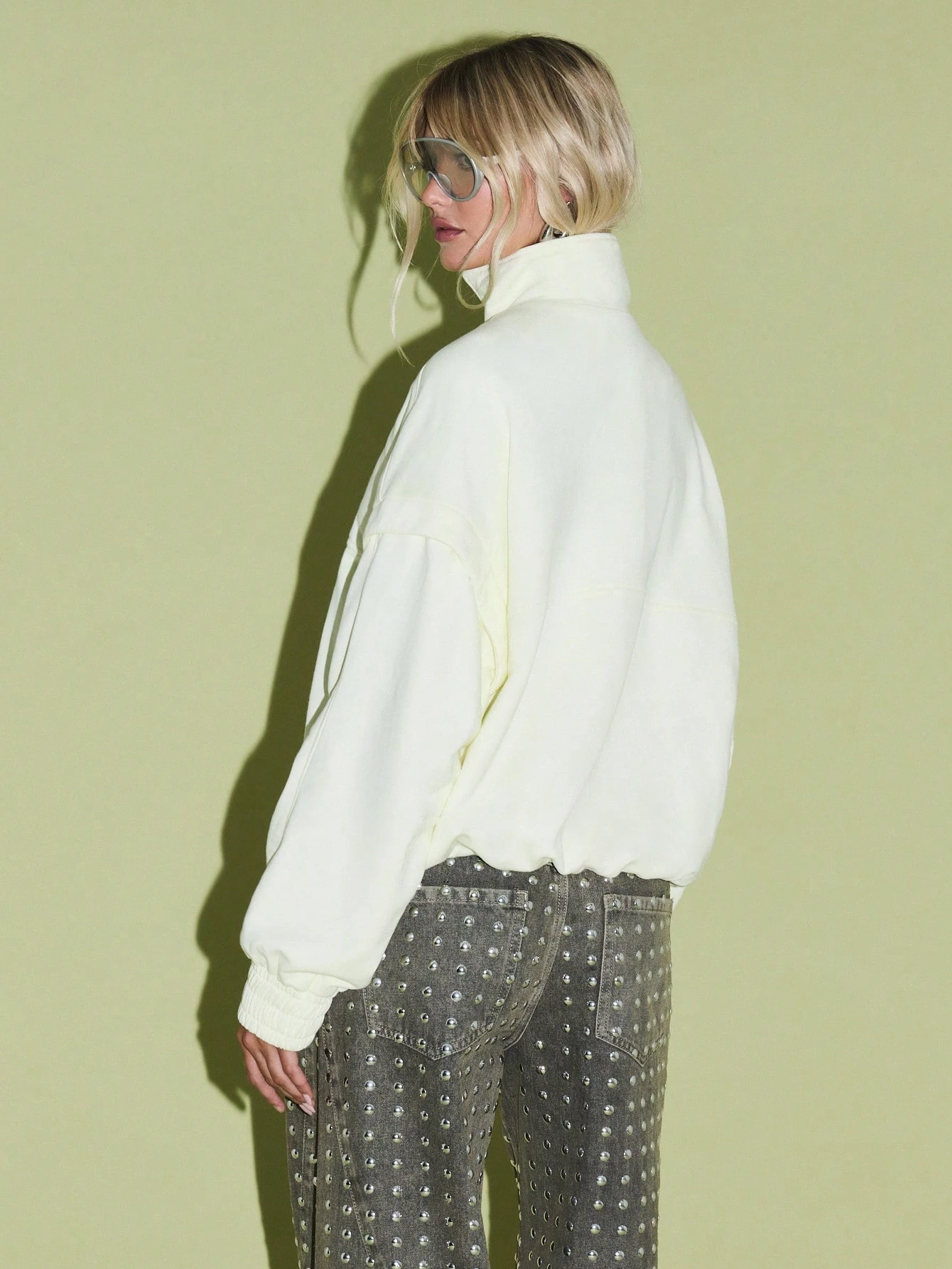 KIZN Blusa curta bomber com zíper e gola alta