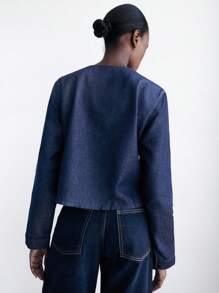 Maija Women's Dark Blue Denim Top Casual Knotted Denim Long-Sleeved Shirt, Autumn Vintage Shirt Going Out Tops