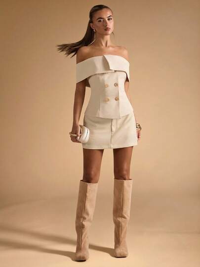 SHEIN BAE Autumn Women's Solid Color One-Shoulder Off-The-Shoulder Double-Breasted Fashionable And Elegant Suit Jacket, One-Shoulder Suit, Office Suit, Commuting Suit, Elegant Suit