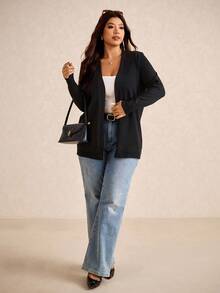 Elaquor Cárdigan de punto negro de frente abierto de unicolor talla grande, para otoño/invierno, atuendos de aeropuerto, atuendos casuales para mujer, cárdigan negro, ropa de invierno para mujer - Negro - Ver 4