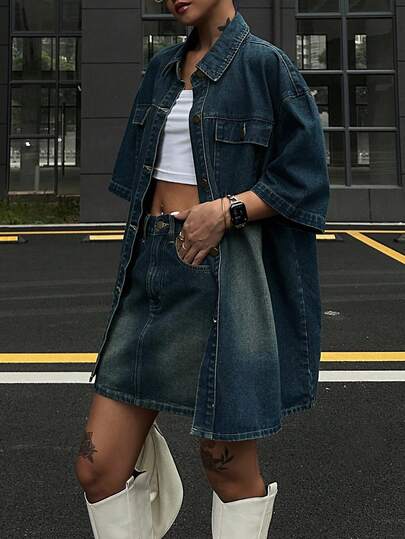 Women's Short Sleeve Denim Jacket And Super Mini Denim Skirt Set
