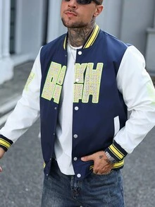 Manfinity Homme Men's Contrast Color Patchwork Letter Embroidery Varsity Jacket,Navy Blue Streetwear Baseball Jacket For Autumn,Graduation,Back-To-School Style - Blue - View 6