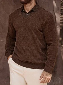 Manfinity Homme Men's V-Neck Long Sleeve Casual Loose Pullover Sweater, Autumn, Old Money - Brown - View 7