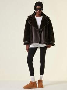 GENKIRA Áo khoác da nhung lông chồn mềm mại và ấm áp dành cho nữ, áo khoác xe máy lót nhiệt dày dặn, dáng rộng thoải mái, áo khoác phi công giả da mùa đông có lớp lót Borg - màu xanh lá - Xem 4