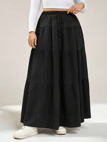Auralis Plus Size Women's Casual Loose Elasticated Waist Ruffle Hem A-Line Half Skirt, Casual Outfit For Women, Casual Skirts, Winter Skirts For Women, Black Skirt, Airport Outfits, Winter Clothes For Women - Black - View 3