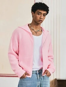 SWAVVY Men's Stylish Solid Color Zip-Up Hooded Cardigan, Autumn, For Fall Winter - Pink - View 1