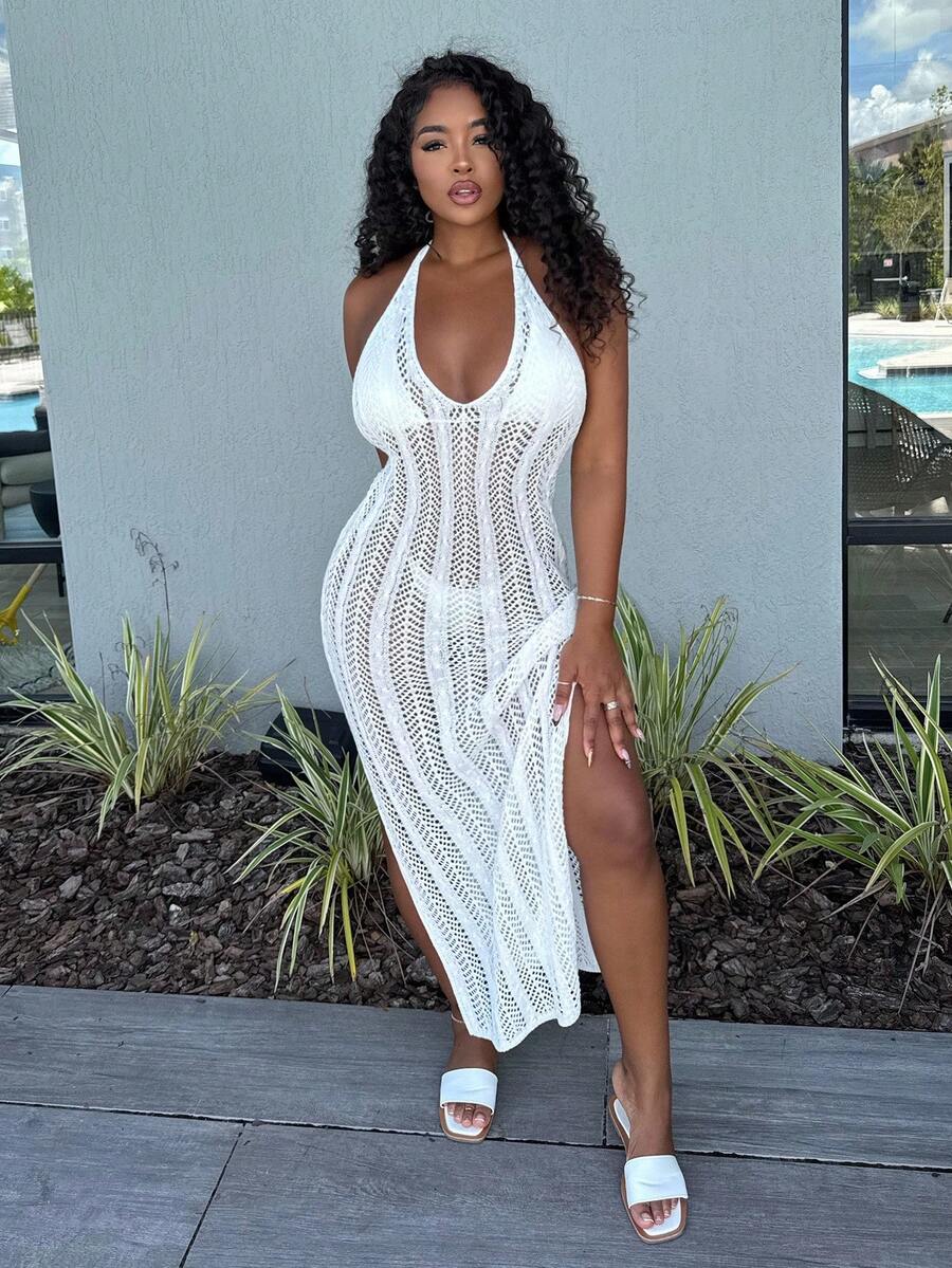 Alexandranx Summer Beach Halter Neck Tie Crop Top - White - View 1